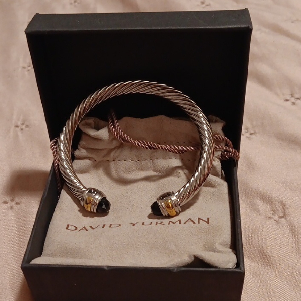 David Yurman Silver Cable Bracelet with Gold Accents and Black Onyx Tips Size M